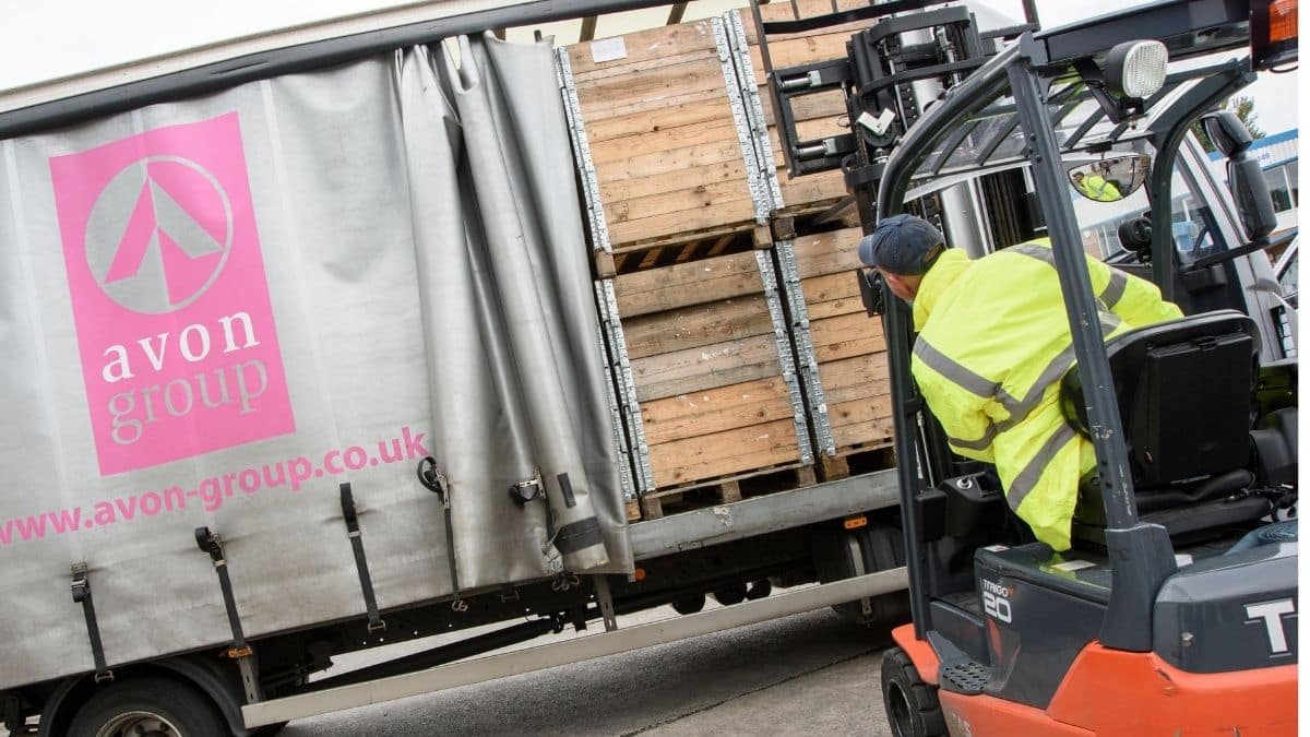 Loading pallets onto an Avon Group curtain sided lorry with a forklift